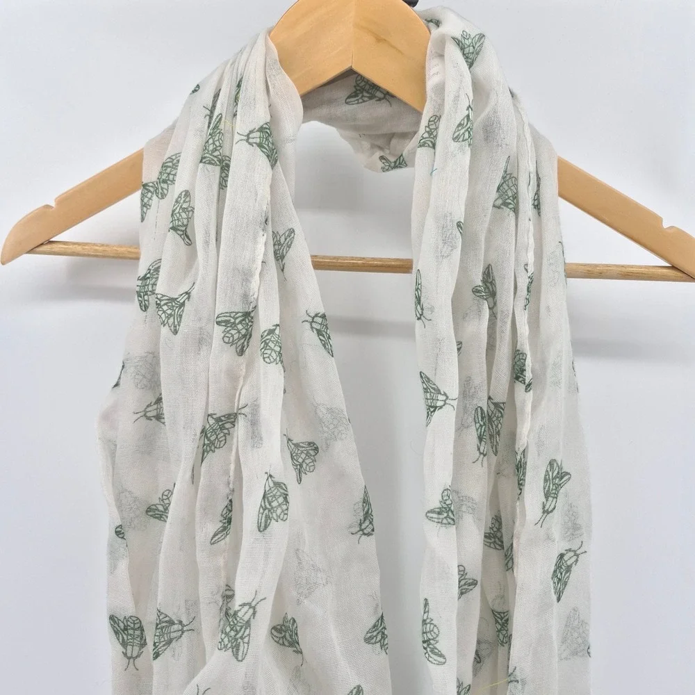 White Infinity Scarf Green Cicada Moth Insect Print Lightweight Gauze Loop Scarf